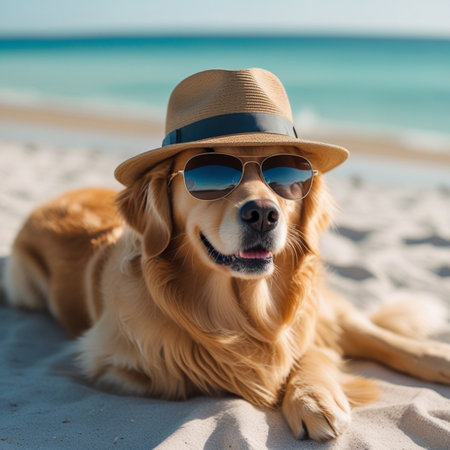 Cute Golden Retriever dog in hat and sunglasses on the beachの素材