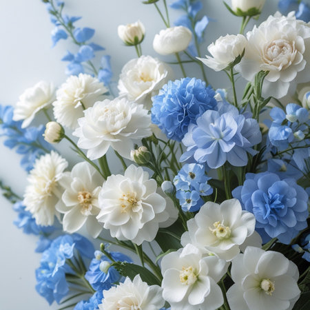 Beautiful bouquet of blue and white flowers on white background.の素材