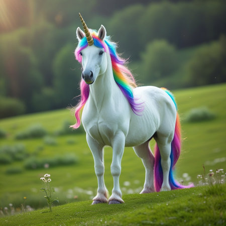 Unicorn on green meadow at sunset. Magic fantasy animal.の素材