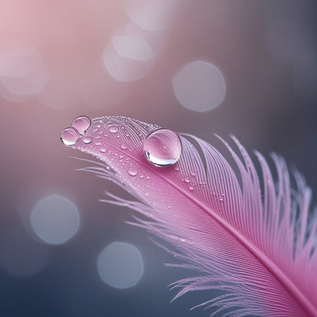 Beautiful pink feather with water drops on it over bokeh backgroundの素材