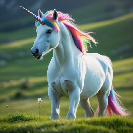 Unicorn on the meadow in the mountains. Fantastic unicorn.の素材