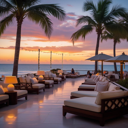 Beautiful luxury hotel swimming pool resort with umbrella and chair around sea beach ocean at sunset or sunrise time for travel and vacationの素材