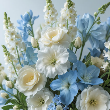 beautiful bouquet of blue and white freesia and lily of the valleyの素材