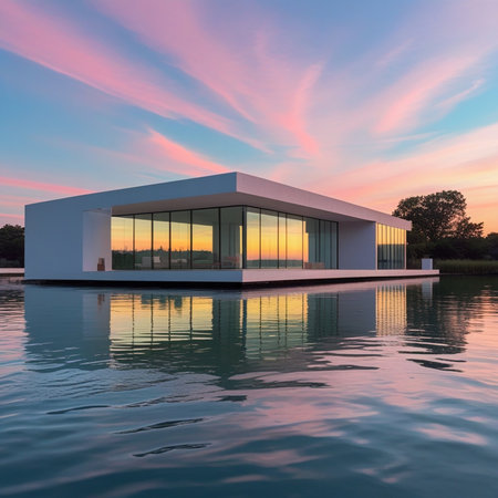 Modern house on the lake with sunset sky background. 3d renderingの素材