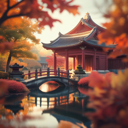 Autumn Landscape with Chinese pavilion in Hangzhou, Chinaの素材
