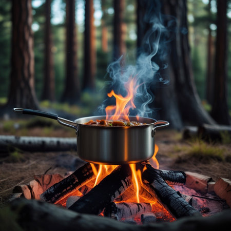 Cooking soup on campfire in the forest. Selective focus.の素材