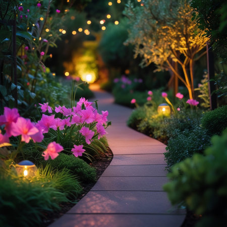 Flower garden in the evening, illuminated by a lanterns.の素材