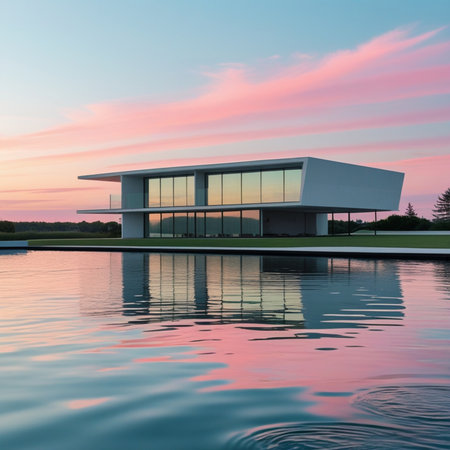 3D rendering of a modern house by the lake at sunset.の素材