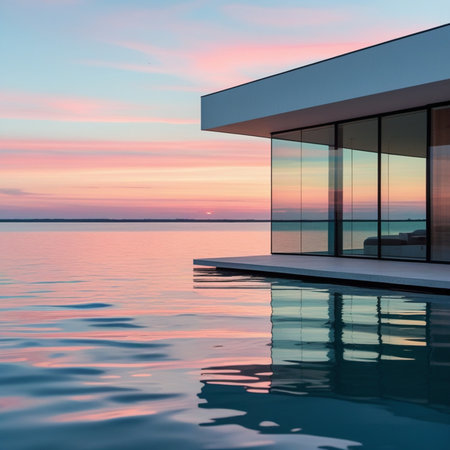 3d rendering of modern house exterior with swimming pool at sunset.の素材