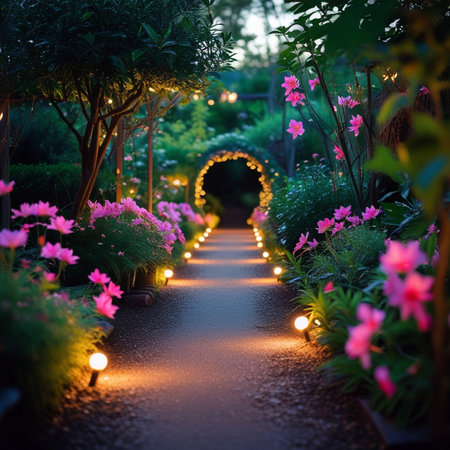 Beautiful night garden with blooming flowers and pathway in the evening.の素材