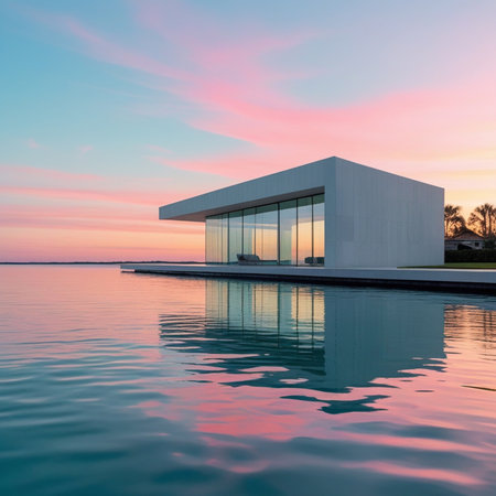 Exterior of a modern villa with swimming pool at sunset.の素材