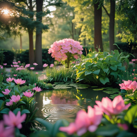 Beautiful spring garden with blooming flowers and a pond in the sunlightの素材
