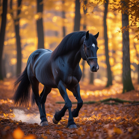 Black stallion galloping in autumn forest. Beautiful horse in the autumn forest.の素材