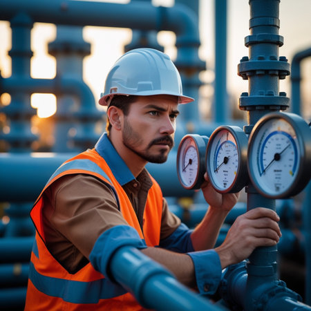 Portrait of a male worker in a gas industry. He is checking the pressure of the pipeline.の素材