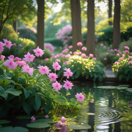Beautiful pink flowers in the garden. Spring landscape with blooming flowers.の素材