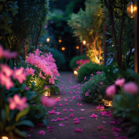 Beautiful flowers in the garden at night time. Soft focus.の素材