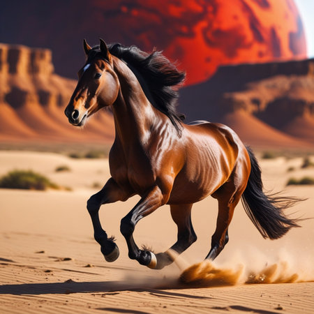 Horse galloping in the desert with red planet in the backgroundの素材
