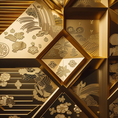3D illustration of a gold paper box with a Japanese pattern.の素材
