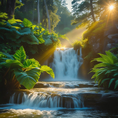 Beautiful waterfall in the forest with light beam in the morning.の素材