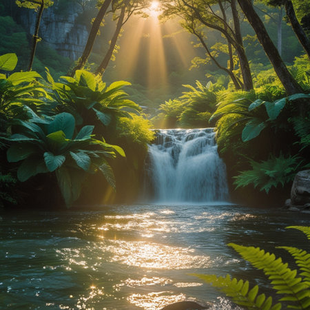 Beautiful waterfall in the green forest with sunbeams and lens flareの素材