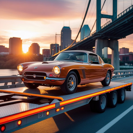 Classic american car on the road with bridge at sunset background.の素材