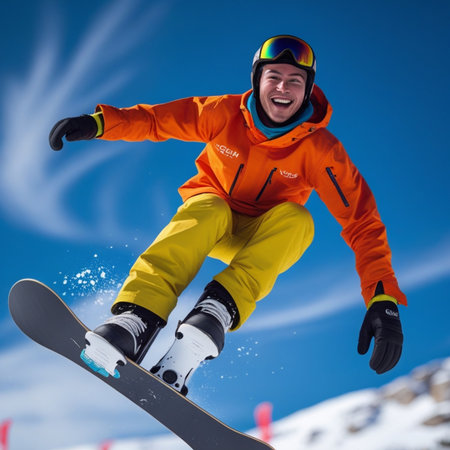 Flying snowboarder on mountains. Extreme winter sport. 3D renderingの素材