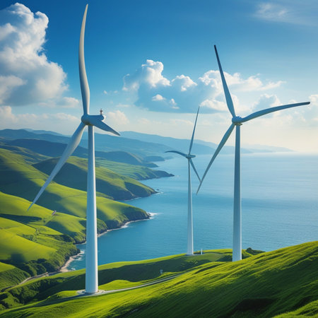 Wind turbines on the green hills. Alternative energy source. 3d renderingの素材
