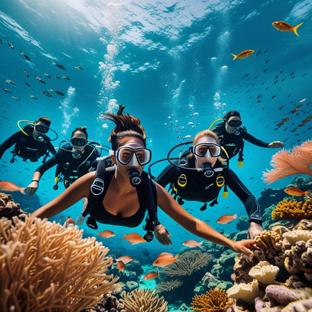 Group of scuba divers swimming underwater over coral reef in the Red Sea.の素材
