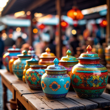 Colorful ceramic pottery at the street market in Bangkok, Thailandの素材