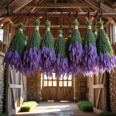 Wedding decoration with lavender flowers hanging on a rope.の素材