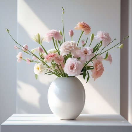 Bouquet of carnation flowers in vase on white shelfの素材