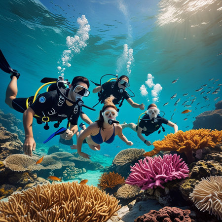 Group of scuba divers swimming underwater and looking at coral reef.の素材