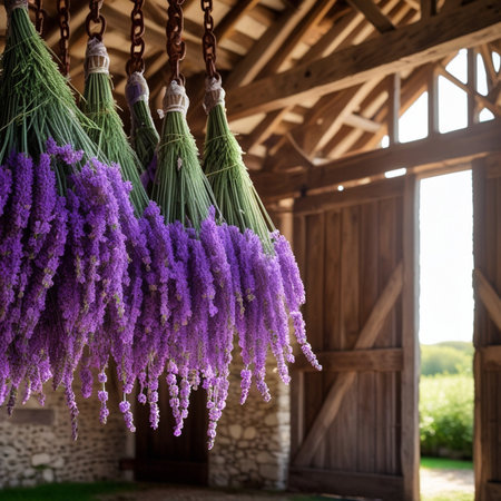 Bunch of lavender flowers hanging on a rope in front of a wooden houseの素材