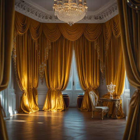 Luxury interior of the room with golden curtains and chair.の素材