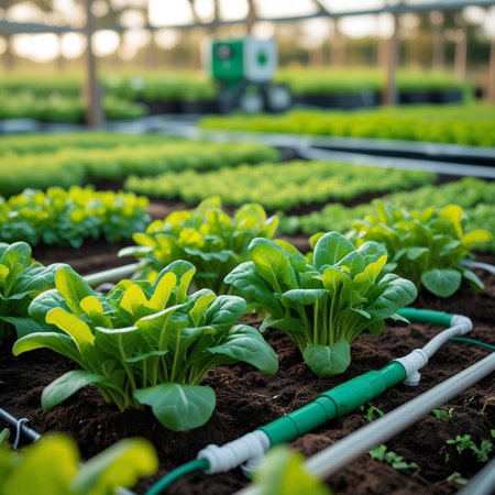 Organic hydroponic vegetable cultivation farm in the morning, stock photoの素材