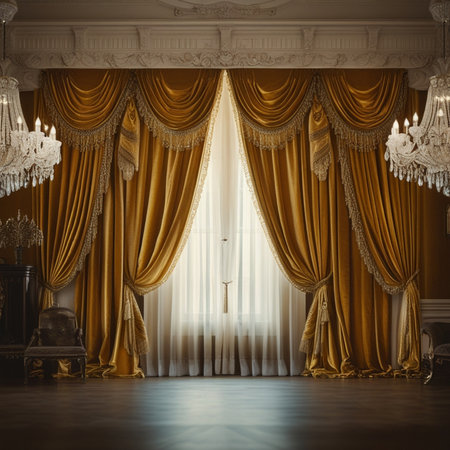 Classic interior of the room with golden curtains. 3d render.の素材