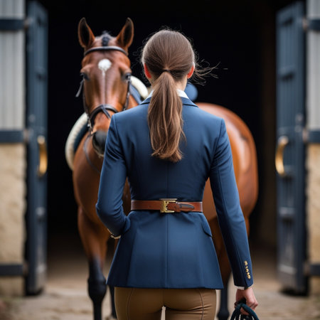 Rear view of a beautiful young woman in uniform standing with her horseの素材