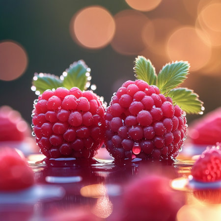 Frozen raspberries with drops of water on bokeh backgroundの素材