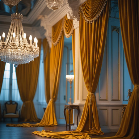 Luxury interior of a royal palace with gold curtains and a large windowの素材