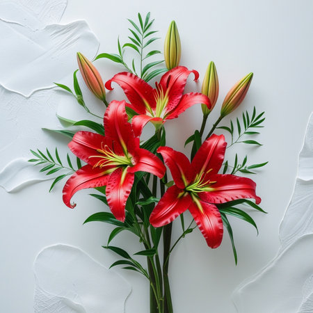 Bouquet of red lilies on white background. Flat lay, top view.の素材