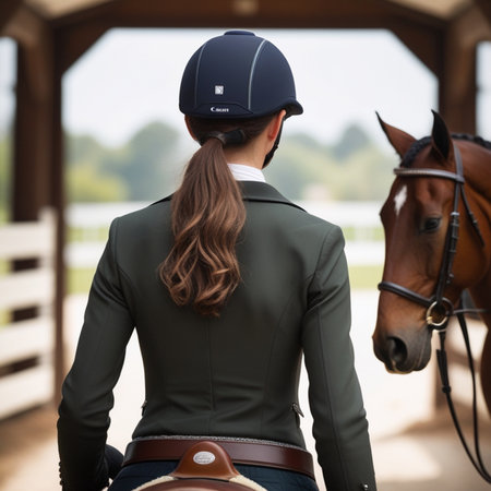back view of young sportswoman in helmet sitting on horsebackの素材