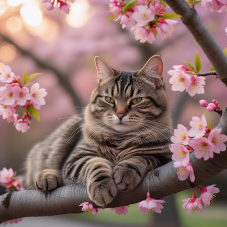 Cute tabby cat lying on a branch with sakura flowersの素材
