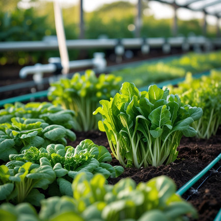 Organic hydroponic vegetable garden in sunny day, selective focusの素材