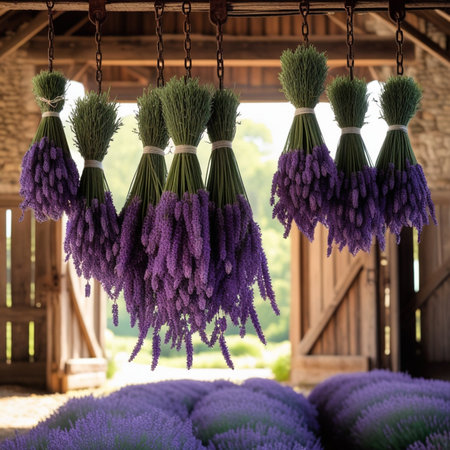 Lavender bouquets hanging on the ceiling of a wooden houseの素材