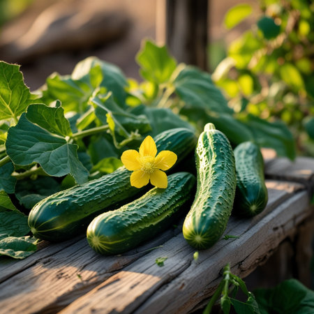 Fresh cucumbers on a wooden table in the garden. Selective focus.の素材