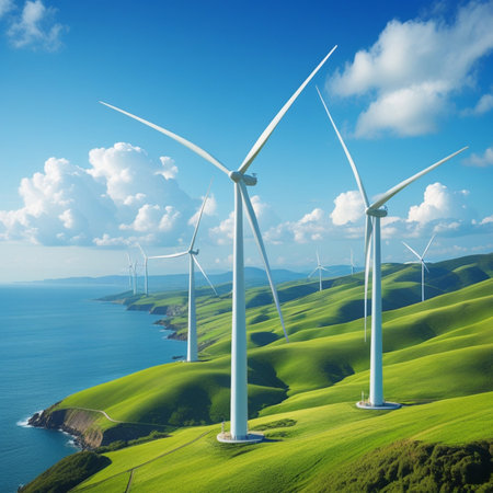 Wind turbines on green grassland. Alternative energy source. 3D renderingの素材