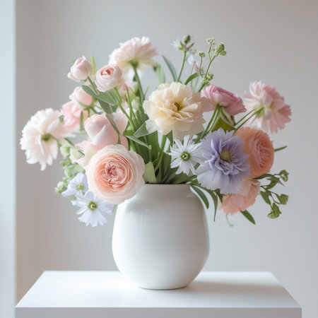 Bouquet of flowers in vase on white table, stock photoの素材