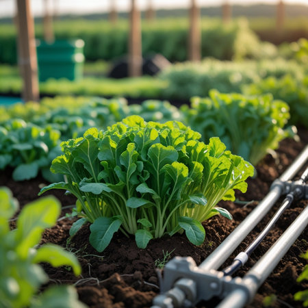 Organic hydroponic vegetable garden in sunny day, selective focusの素材