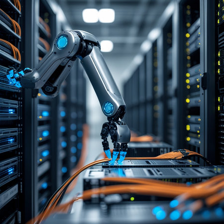3d rendering robot arm working in data center room with server racksの素材
