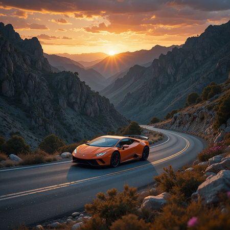 Red sports car on the road in the mountains. 3d renderingの素材